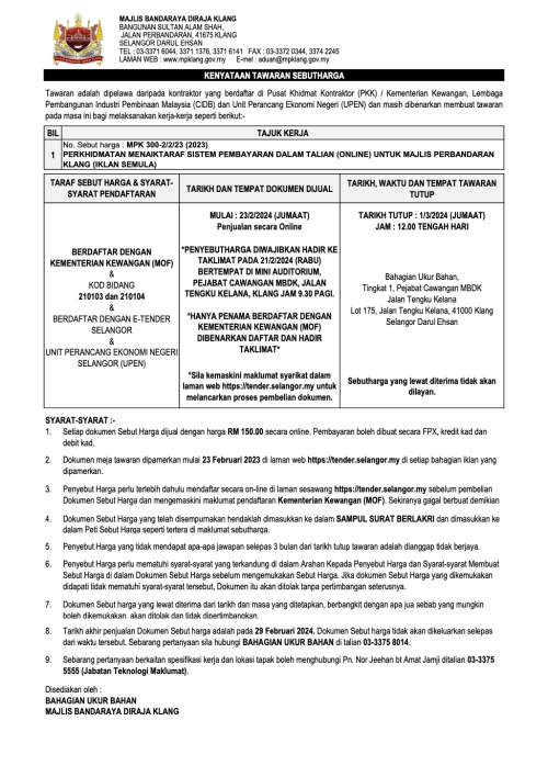 Perkhidmatan Menaiktaraf Sistem Pembayaran Dalam Talian (Online) Untuk Majlis Perbandaran Klang (Iklan Semula)