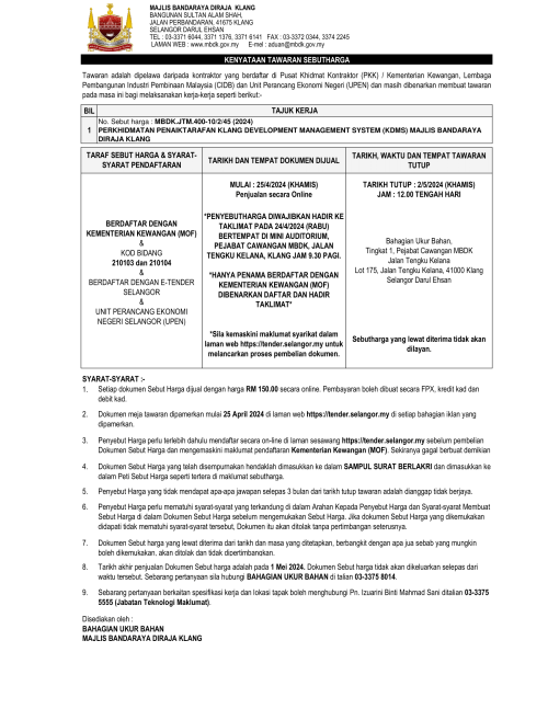 PERKHIDMATAN PENAIKTARAFAN KLANG DEVELOPMENT MANAGEMENT SYSTEM (KDMS) MAJLIS BANDARAYA DIRAJA KLANG