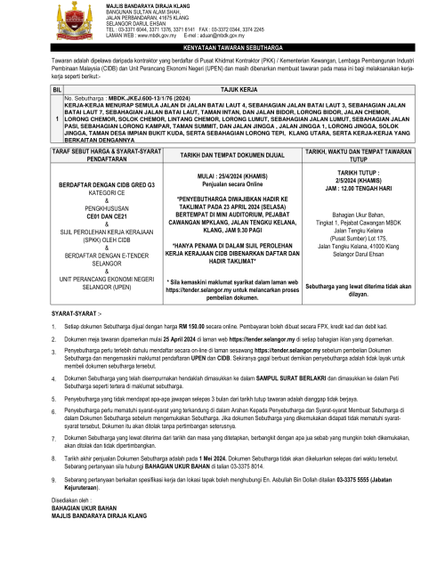 KERJA-KERJA MENURAP SEMULA JALAN DI JALAN BATAI LAUT 4, SEBAHAGIAN JALAN BATAI LAUT 3, SEBAHAGIAN JALAN BATAI LAUT 7, SEBAHAGIAN JALAN BATAI LAUT, TAMAN INTAN, DAN JALAN BIDOR, LORONG BIDOR, JALAN CHEMOR, LORONG CHEMOR, SOLOK CHEMOR, LINTANG CHEMOR, LORONG LUMUT, SEBAHAGIAN JALAN LUMUT, SEBAHAGIAN JALAN PASI, SEBAHAGIAN LORONG KAMPAR, TAMAN SUMMIT, DAN JALAN JINGGA , JALAN JINGGA 1, LORONG JINGGA, SOLOK JINGGA, TAMAN DESA IMPIAN BUKIT KUDA, SERTA SEBAHAGIAN LORONG TEPI, KLANG UTARA