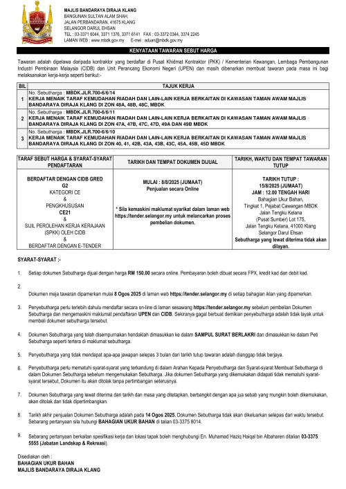 KERJA MENAIK TARAF KEMUDAHAN RIADAH DAN LAIN-LAIN KERJA BERKAITAN DI KAWASAN TAMAN AWAM MAJLIS BANDARAYA DIRAJA KLANG DI ZON 40, 41, 42B, 43A, 43B, 43C, 45A, 45B, 45D, 48A, 48B, 48C, 47A, 47B, 47C, 47D, 49A, 49B, MBDK