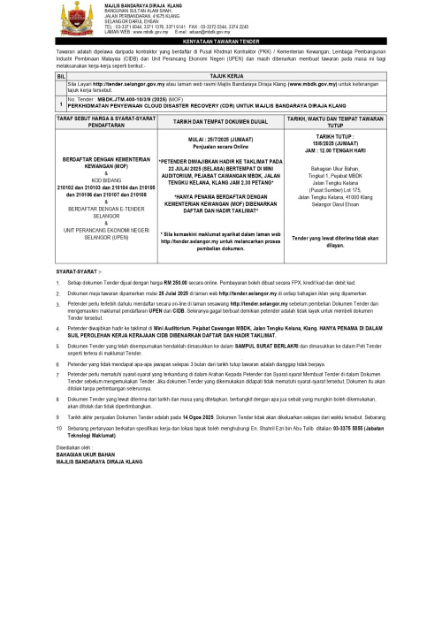 PERKHIDMATAN PENYEWAAN CLOUD DISASTER RECOVERY (CDR) UNTUK MAJLIS BANDARAYA DIRAJA KLANGPERKHIDMATAN PENYEWAAN CLOUD DISASTER RECOVERY (CDR) UNTUK MAJLIS BANDARAYA DIRAJA KLANG