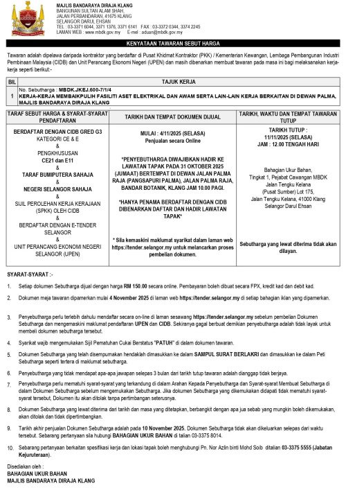 KERJA-KERJA MEMBAIKPULIH FASILITI ASET ELEKTRIKAL DAN AWAM SERTA LAIN-LAIN KERJA BERKAITAN DI DEWAN PALMA, MAJLIS BANDARAYA DIRAJA KLANG