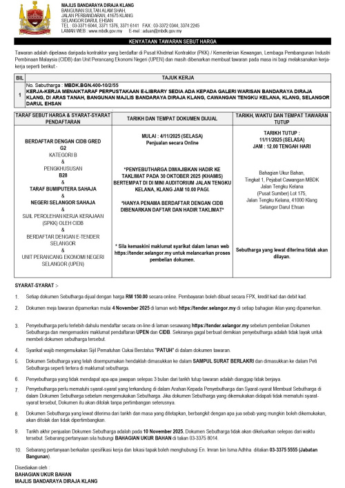 KERJA-KERJA MENAIKTARAF PERPUSTAKAAN ELIBRARY SEDIA ADA KEPADA GALERI WARISAN BANDARAYA DIRAJA KLANG