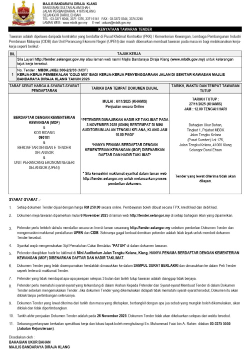 KERJA-KERJA PEMBEKALAN 'COLD MIX' BAGI KERJA-KERJA PENYENGGARAAN JALAN DI SEKITAR KAWASAN MAJLIS BANDARAYA DIRAJA KLANG TAHUN 2026