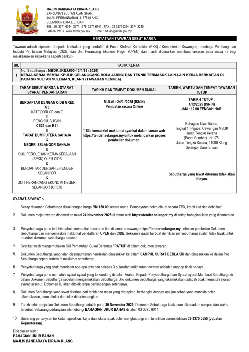  KERJA-KERJA MEMBAIKPULIH GELANGGANG BOLA JARING DAN TENNIS TERMASUK LAIN-LAIN KERJA BERKAITAN DI PADANG SULTAN SULEIMAN, KLANG (TAWARAN SEMULA)
