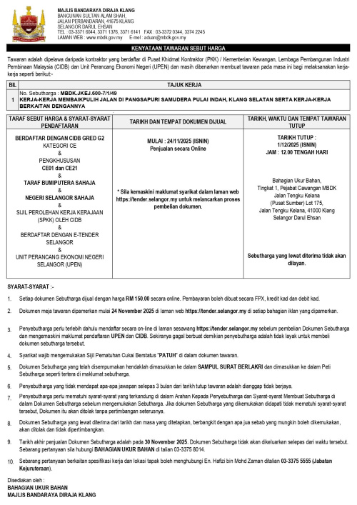 KERJA-KERJA MEMBAIKPULIH JALAN DI PANGSAPURI SAMUDERA PULAI INDAH, KLANG SELATAN SERTA KERJA-KERJA BERKAITAN DENGANNYA