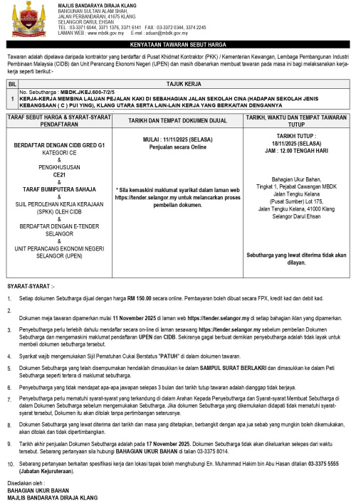 KERJA-KERJA MEMBINA LALUAN PEJALAN KAKI DI SEBAHAGIAN JALAN SEKOLAH CINA (HADAPAN SEKOLAH JENIS KEBANGSAAN ( C ) PUI YING), KLANG UTARA SERTA LAIN-LAIN KERJA YANG BERKAITAN DENGANNYA