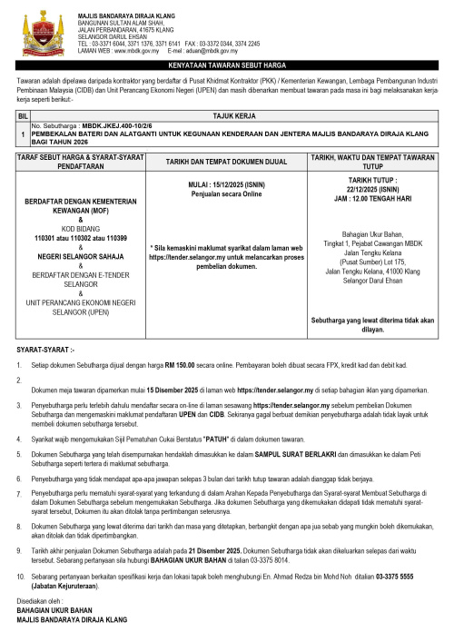 PEMBEKALAN BATERI DAN ALATGANTI UNTUK KEGUNAAN KENDERAAN DAN JENTERA MAJLIS BANDARAYA DIRAJA KLANG BAGI TAHUN 2026