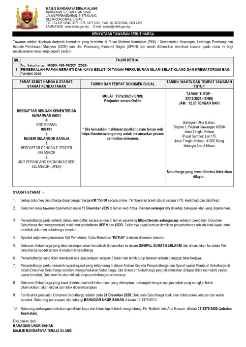PEMBEKALAN PAPAN MERANTI DAN KAYU BELUTI DI TANAH PERKUBURAN ISLAM SELAT KLANG DAN KREMATORIUM BAGI TAHUN 2026