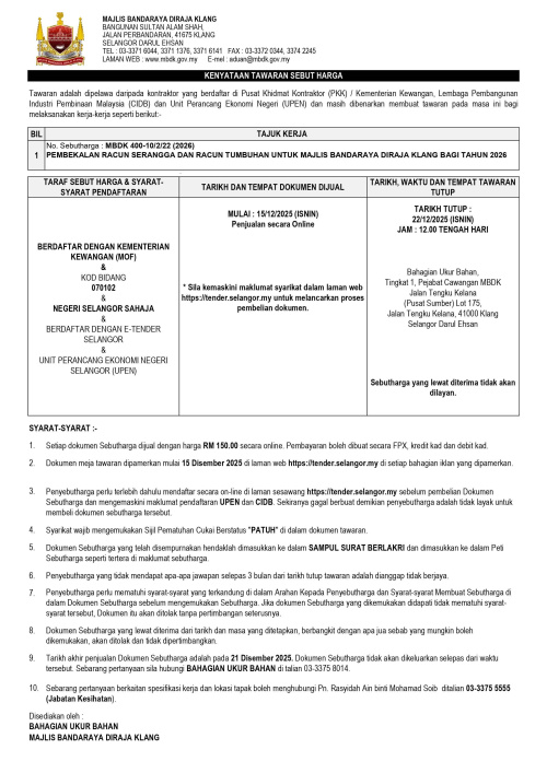 PEMBEKALAN RACUN SERANGGA DAN RACUN TUMBUHAN UNTUK MAJLIS BANDARAYA DIRAJA KLANG BAGI TAHUN 2026