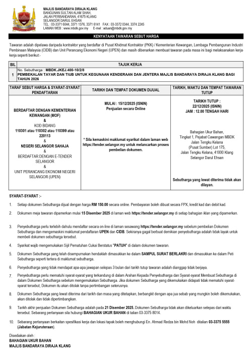 PEMBEKALAN TAYAR DAN TIUB UNTUK KEGUNAAN KENDERAAN DAN JENTERA MAJLIS BANDARAYA DIRAJA KLANG BAGI TAHUN 2026