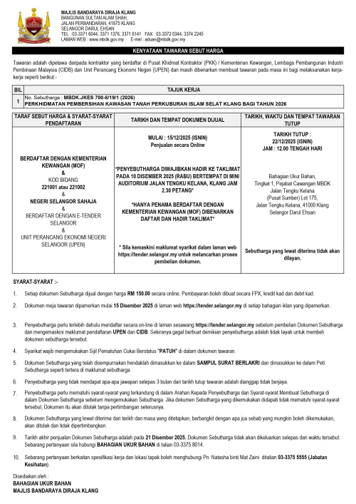 PERKHIDMATAN PEMBERSIHAN KAWASAN TANAH PERKUBURAN ISLAM SELAT KLANG BAGI TAHUN 2026