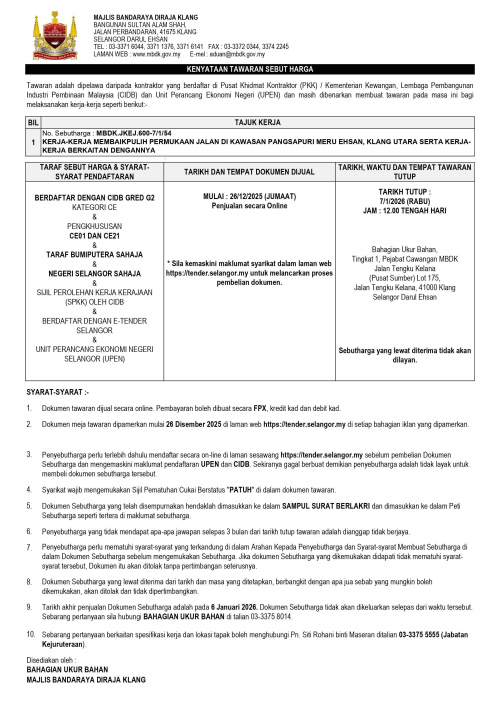 KERJA-KERJA MEMBAIKPULIH PERMUKAAN JALAN DI KAWASAN PANGSAPURI MERU EHSAN, KLANG UTARA SERTA KERJA KERJA BERKAITAN DENGANNYA