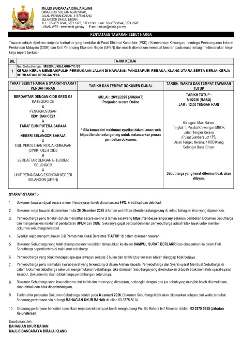 KERJA-KERJA MEMBAIKPULIH PERMUKAAN JALAN DI KAWASAN PANGSAPURI REBANA, KLANG UTARA SERTA KERJA-KERJA  BERKAITAN DENGANNYA