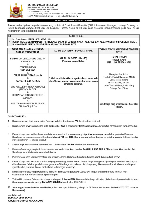 KERJA-KERJA MEMBAIKPULIH PERMUKAAN JALAN DI LORONG GALAH 1E/1, 1E/2 DAN 1E/3, PANGSAPURI PEREPAT INDAH,  KLANG UTARA SERTA KERJA-KERJA BERKAITAN DENGANNY
