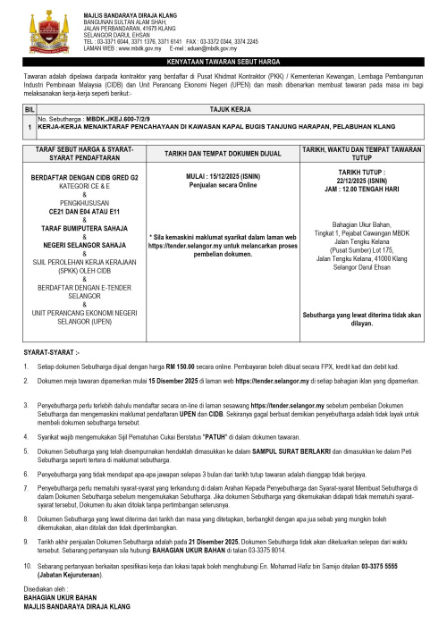 KERJA-KERJA MENAIKTARAF PENCAHAYAAN DI KAWASAN KAPAL BUGIS TANJUNG HARAPAN, PELABUHAN KLANG