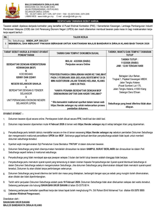 MEMBEKAL DAN MENJAHIT PAKAIAN SERAGAM UNTUK KAKITANGAN MAJLIS BANDARAYA DIRAJA KLANG BAGI TAHUN 2026