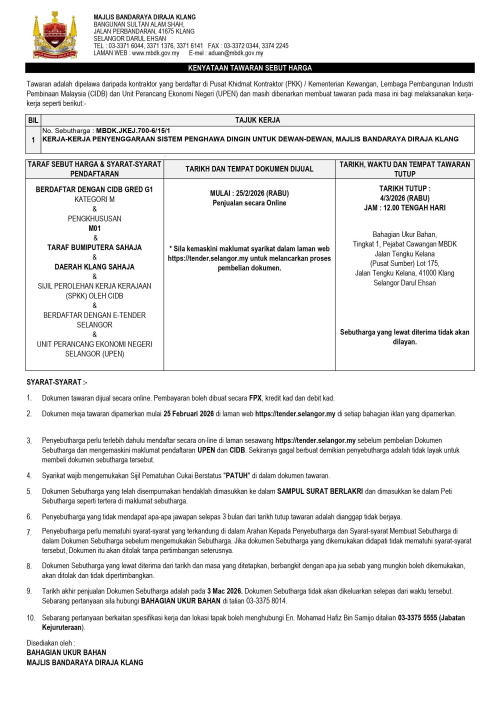 KERJA-KERJA PENYENGGARAAN SISTEM PENGHAWA DINGIN UNTUK DEWAN-DEWAN, MAJLIS BANDARAYA DIRAJA KLANG