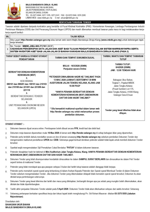 CADANGAN PENCERAPAN DATA JALAN DAN ASET BAGI TUJUAN PENDAFTARAN DALAM SISTEM MARRIS/MYINFRA SERTA SISTEM INVENTORI ASET BAGI JALAN-JALAN DI BAWAH KAWASAN MAJLIS BANDARAYA DIRAJA KLANG (FASA 2)