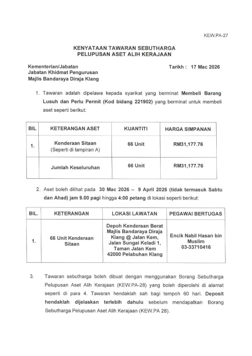 tawaran sebutharga pelupusan 66 unit kenderaan buruk majlis bandaraya diraja klang