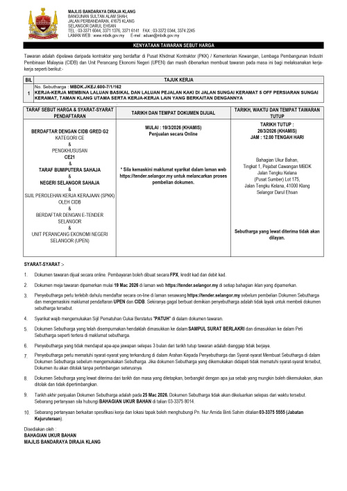KERJA-KERJA MEMBINA LALUAN BASIKAL DAN LALUAN PEJALAN KAKI DI JALAN SUNGAI KERAMAT 5 OFF PERSIARAN SUNGAI KERAMAT, TAMAN KLANG UTAMA SERTA KERJA-KERJA LAIN YANG BERKAITAN DENGANNYA (GRED G2)