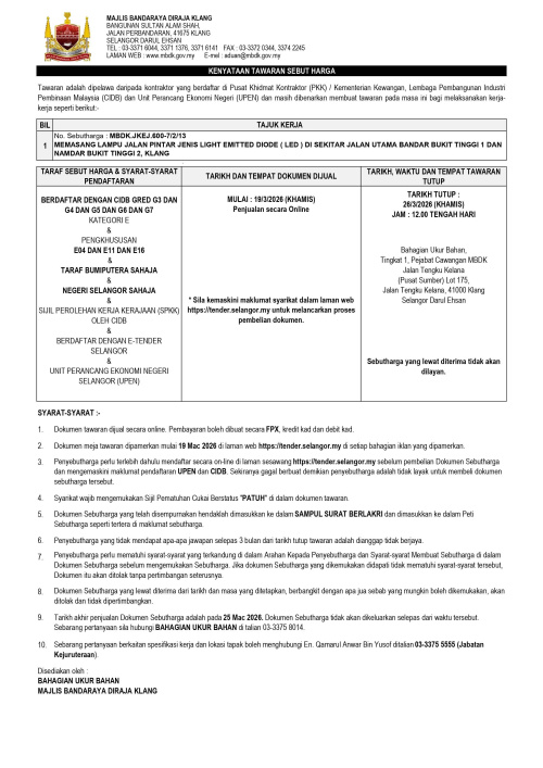 MEMASANG LAMPU JALAN PINTAR JENIS LIGHT EMITTED DIODE ( LED ) DI SEKITAR JALAN UTAMA BANDAR BUKIT TINGGI 1 DAN NAMDAR BUKIT TINGGI 2, KLANG