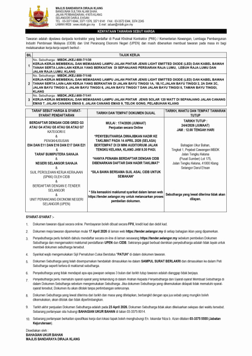 kerja-kerja membekal dan memasang lampu jalan pintar jenis light emitted diode (led), solar 120 watt dan kabel bawah tanah serta lain-lain kerja yang berkaitan