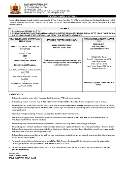 kerja-kerja menaiktaraf laluan pejalan kaki di hadapan sekolah menengah sungai kapar indah, taman sungai kapar indah, klang utara serta lain-lain kerja yang berkaitan dengannya