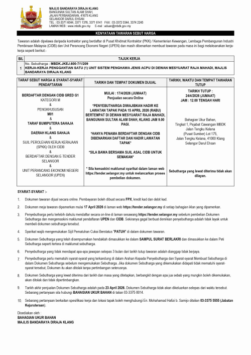 kerja-kerja penggantian satu (1) unit sistem penghawa jenis acpu di dewan mesyuarat raja mahadi, majlis bandaraya diraja klang
