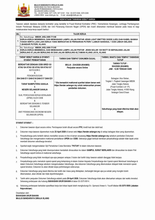 kerja-kerja membekal dan memasang lampu jalan pintar jenis light emitted diode (led), lampu jalan pintar jenis solar 120 watt dan kabel bawah tanah serta lain-lain kerja yang berkaitan