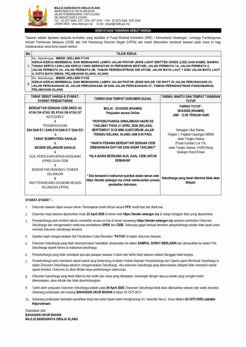 kerja-kerja membekal dan memasang lampu jalan pintar jenis light emitted diode (led), lampu jalan pintar jenis solar 120 watt dan kabel bawah tanah serta lain-lain kerja yang berkaitan